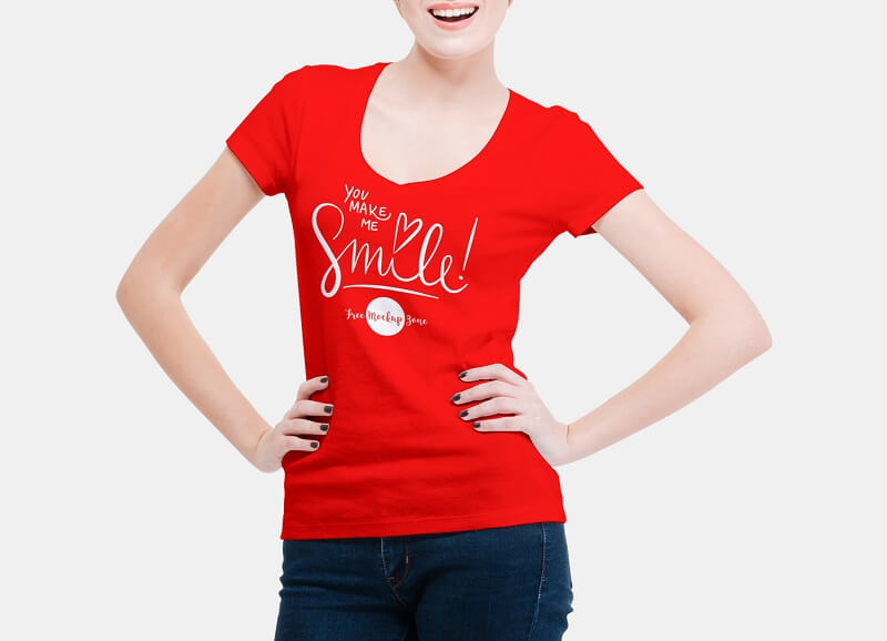 Smiling Woman Wearing V-Shape T-Shirt