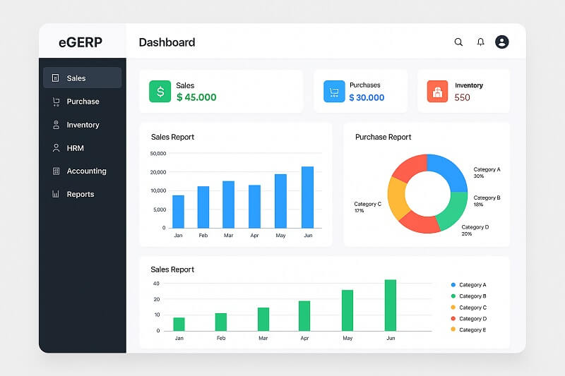 A modern ERP software dashboard interface showing sales, purchase, inventory, HRM, accounting, and reports modules with graphs and charts, designed for business automation in Panipat.