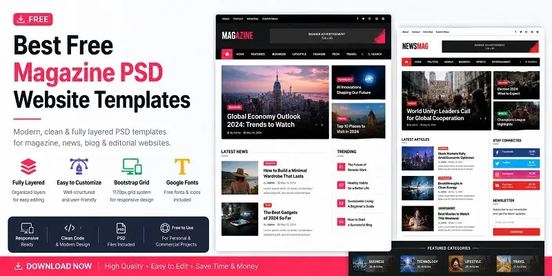 Free Magazine PSD Website Templates