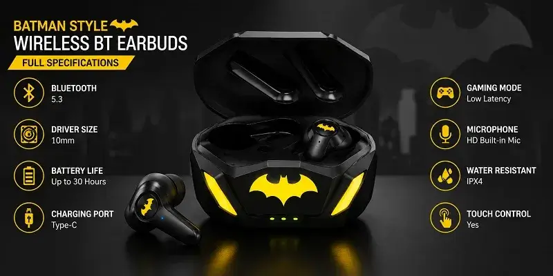 Batman Style Wireless BT Earbuds – Full Specifications and Key Features
